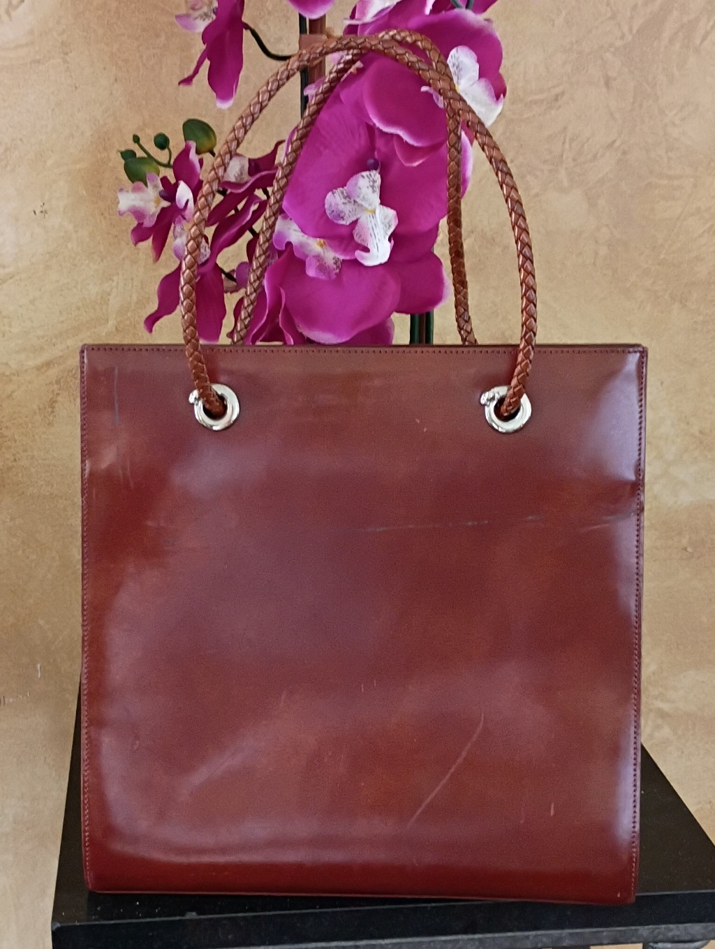Cartier Panthere Enamel Leather Tote With Braided Handles And Silver Grommets